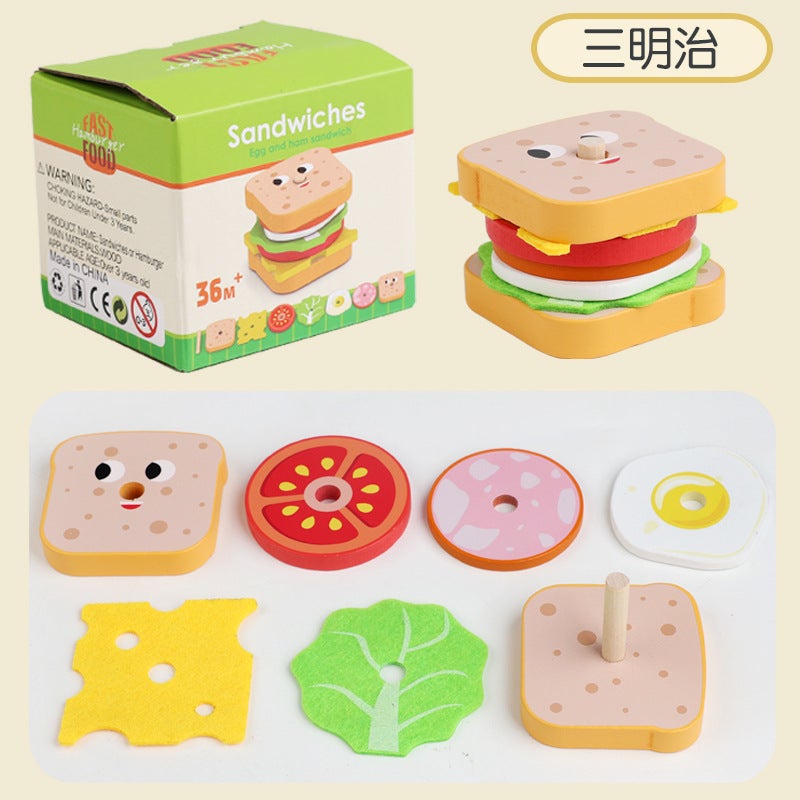 Wooden Burger Fries Sandwich Set Column Building Blocks Creative Shape Matching Simulation Kitchen Cutting Toys - Image 5